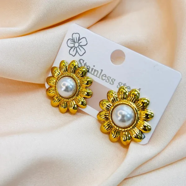  Stainless Steel Sunflower Pearl Earring 
